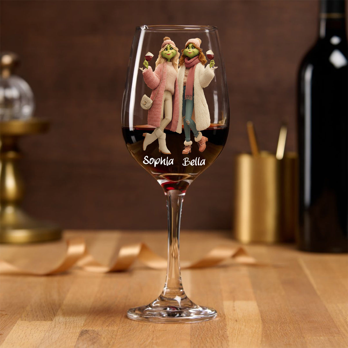 Besties Another Year Together - Personalized Stole Christmas Wine Glass With Long Stem