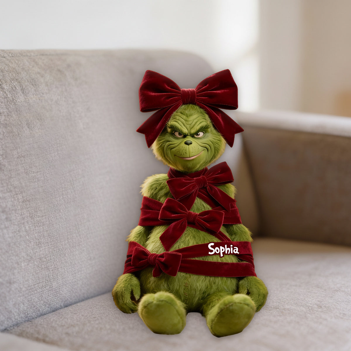 Green Christmas Character With Bow - Personalized Stole Christmas Premium Faux Fur Pillow