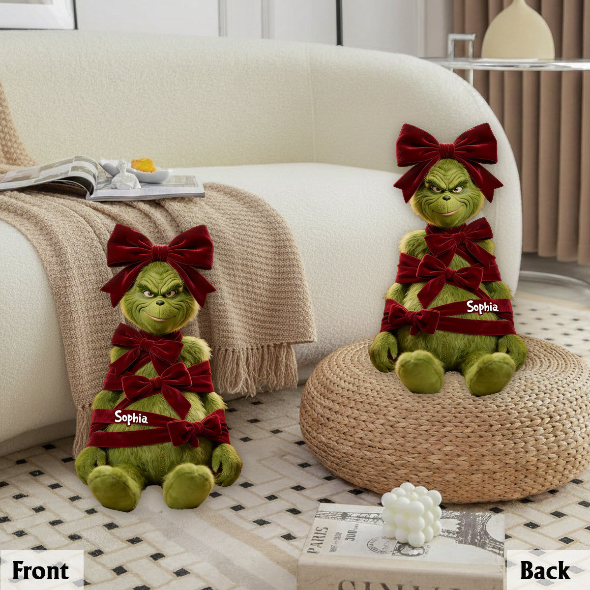 Green Christmas Character With Bow - Personalized Stole Christmas Premium Faux Fur Pillow