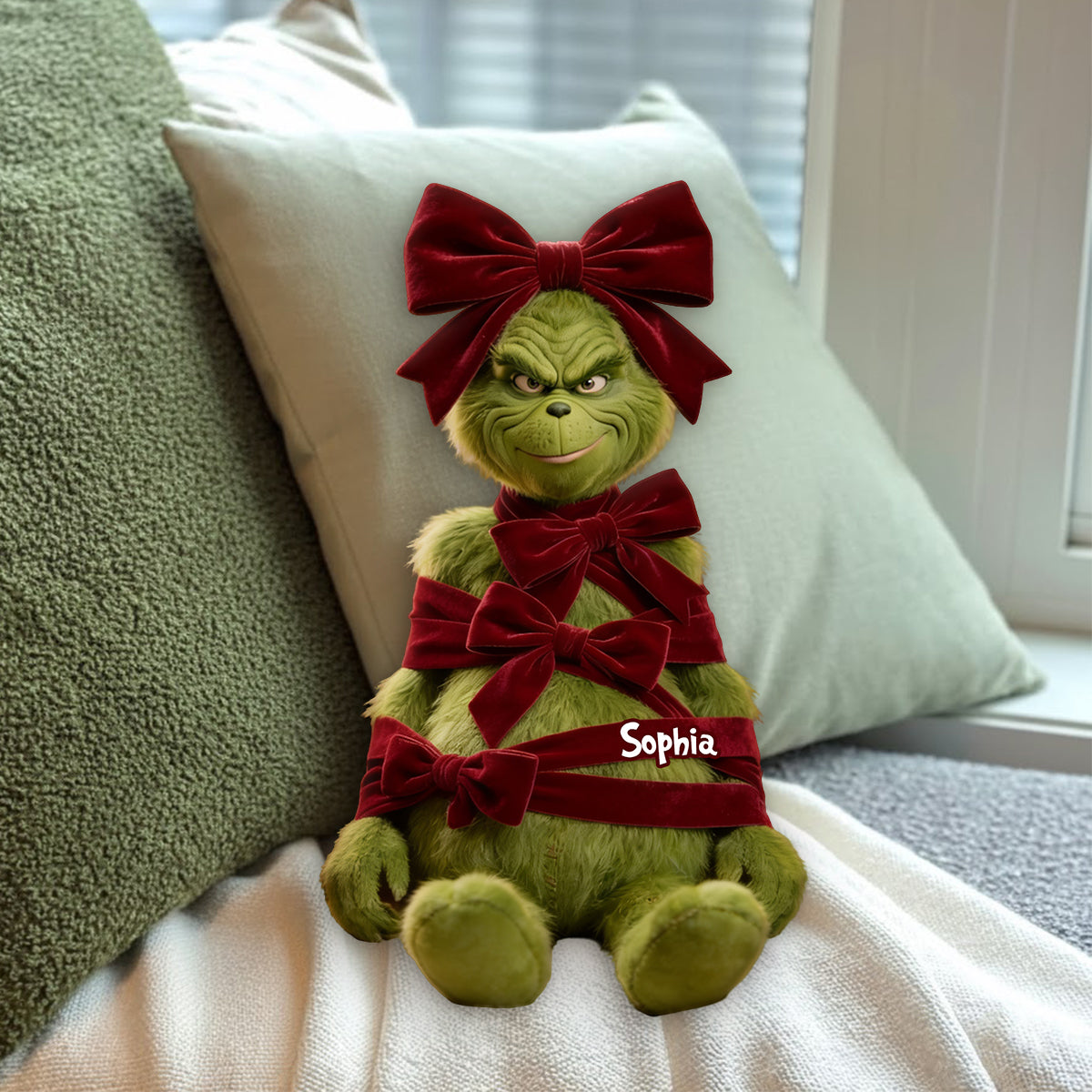 Green Christmas Character With Bow - Personalized Stole Christmas Premium Faux Fur Pillow