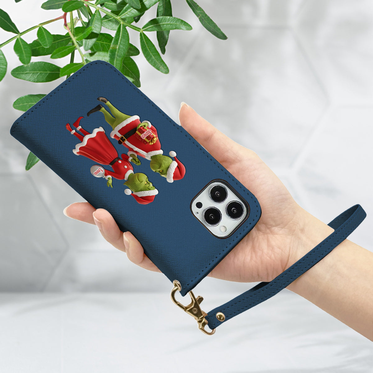Cadeau de Noël Joyeux Grinchmas - Étui portefeuille/téléphone personnalisé avec bandoulière et motif étole de Noël