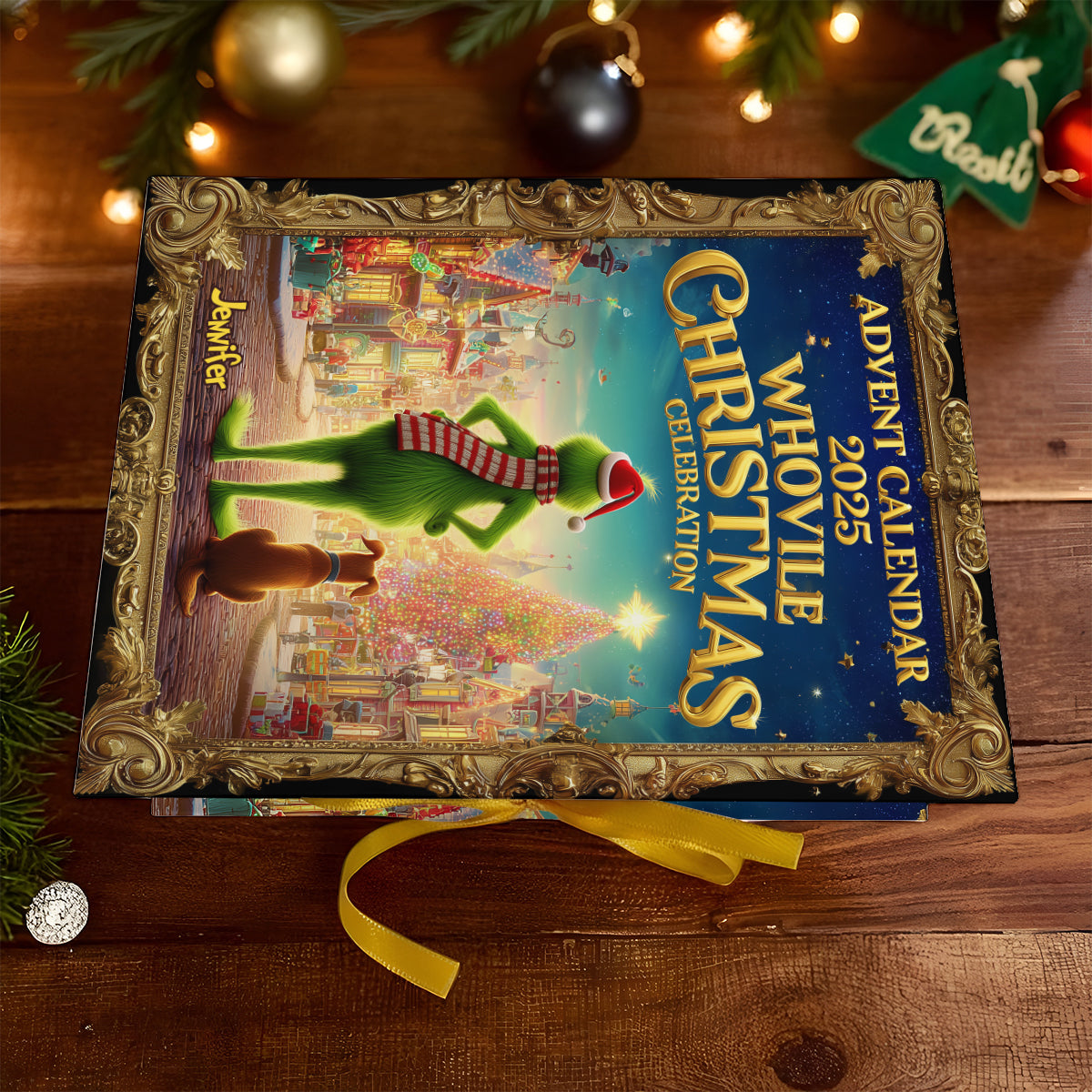 Calendrier de l'Avent vert - Calendrier de l'Avent pliable personnalisé avec étole et décorations