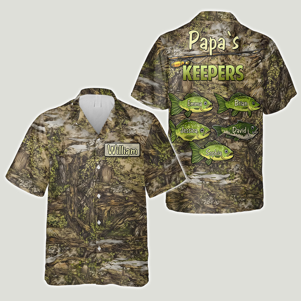 Chemise hawaïenne de pêche personnalisée à motif camouflage « Papa's Keepers »