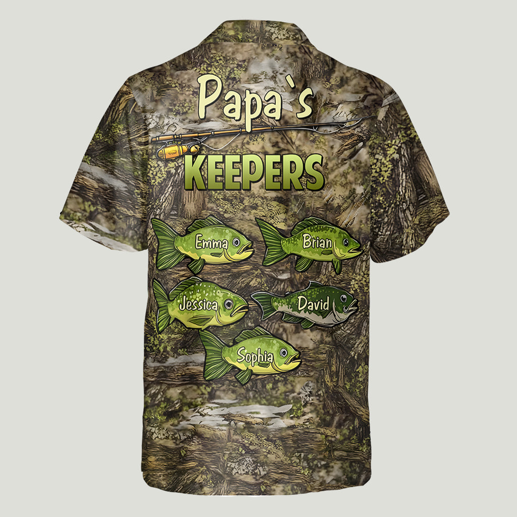 Chemise hawaïenne de pêche personnalisée à motif camouflage « Papa's Keepers »