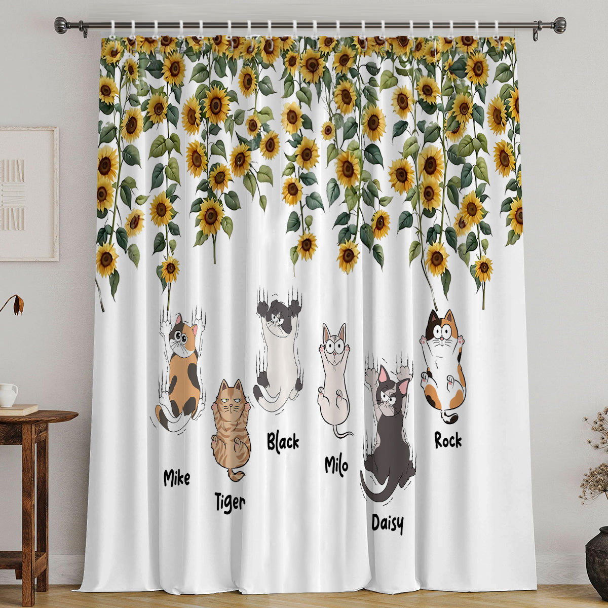 Ensemble de rideaux occultants personnalisés à motifs de chats mignons et de tournesols