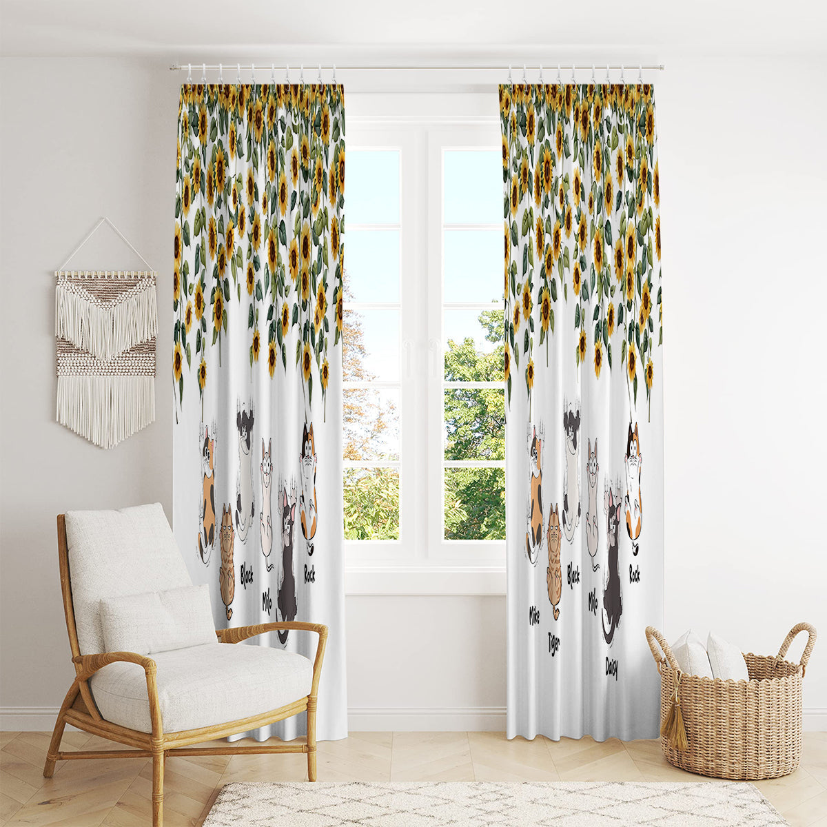 Ensemble de rideaux occultants personnalisés à motifs de chats mignons et de tournesols