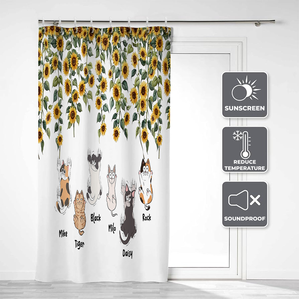 Ensemble de rideaux occultants personnalisés à motifs de chats mignons et de tournesols