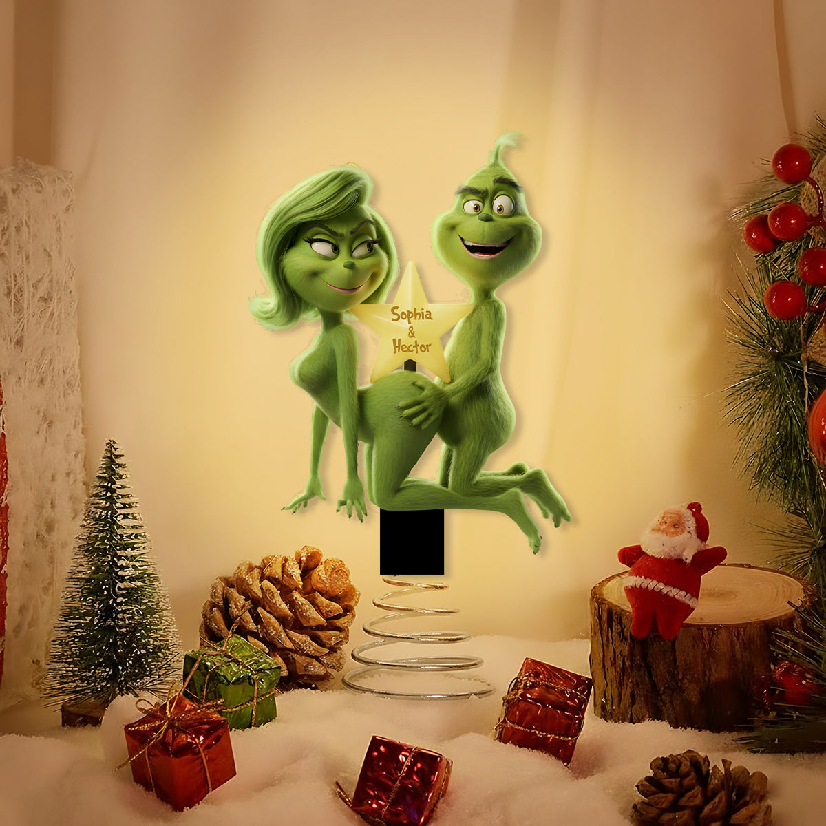 Fuzzy Green Trouble on Top - Étole personnalisée avec lumière LED pour sapin de Noël