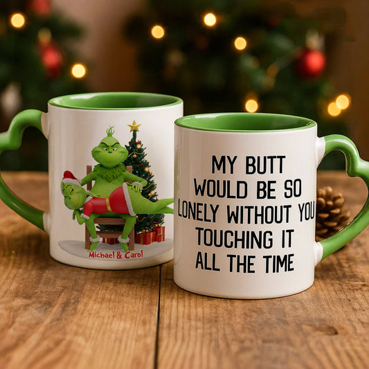 Mon derrière serait si seul ! Mug vert coquin personnalisé pour couple avec anse en forme de cœur