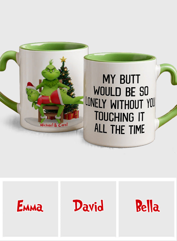 Mon derrière serait si seul ! Mug vert coquin personnalisé pour couple avec anse en forme de cœur