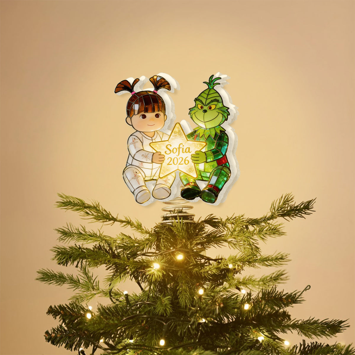 Kid And Green Christmas Character - Personalized Stole Christmas LED Light Tree Topper
