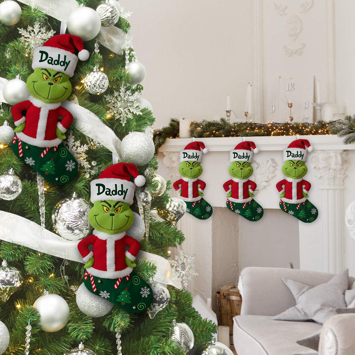 Cadeau familial Joyeux Grinchmas - Étole personnalisée en forme de chaussette de Noël