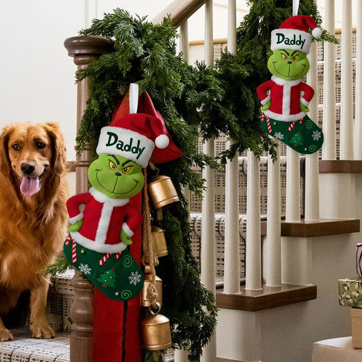 Cadeau familial Joyeux Grinchmas - Étole personnalisée en forme de chaussette de Noël