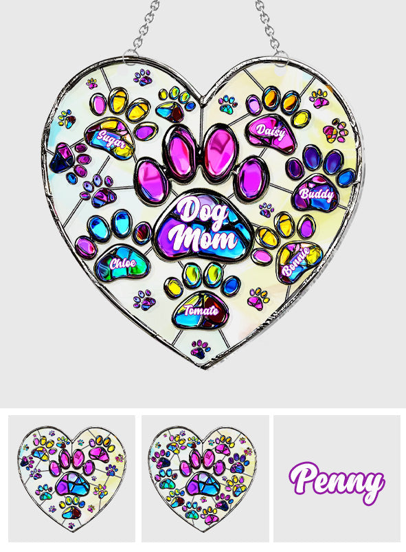 Décoration attrape-soleil personnalisée à suspendre à la fenêtre, motif patte de chien en forme de cœur coloré - Ornement attrape-soleil en forme de chien 