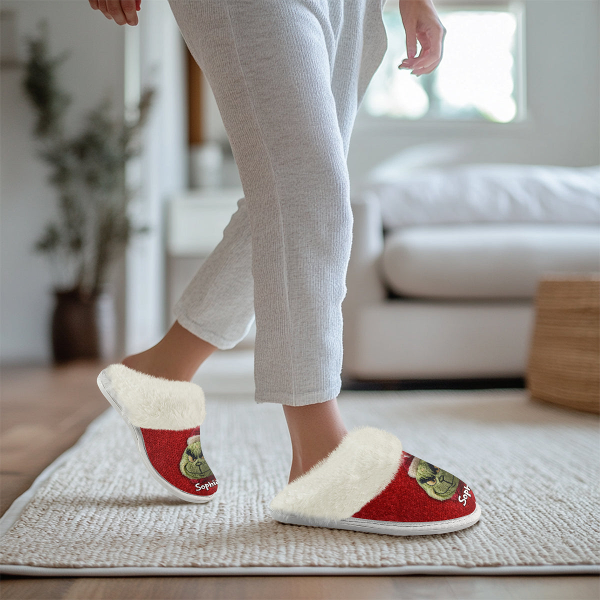 Joyeux Grinchmas - Étole personnalisée, pantoufles de Noël doublées de fourrure