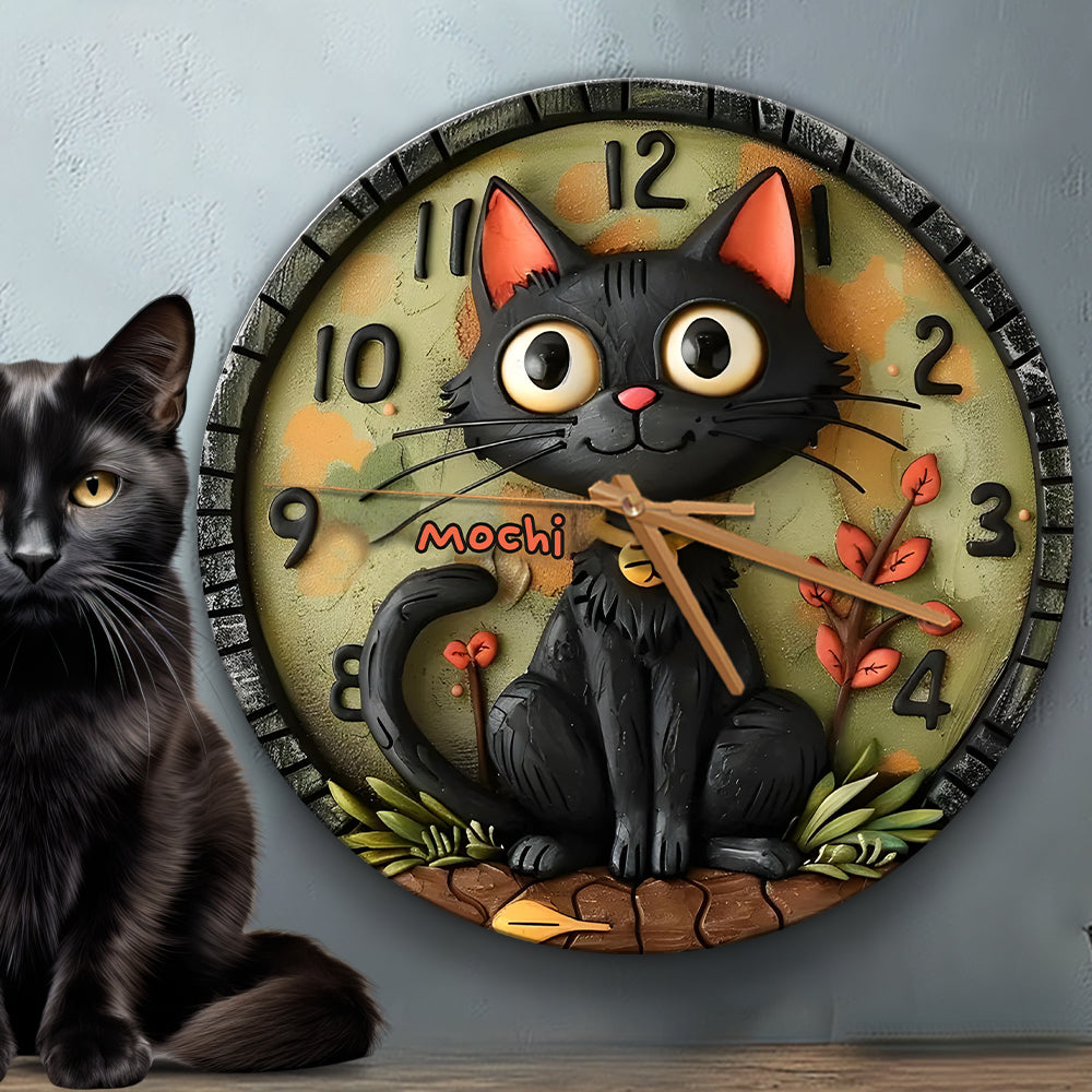 Cute Black Cat - Personalized Black Cat Wall Clock