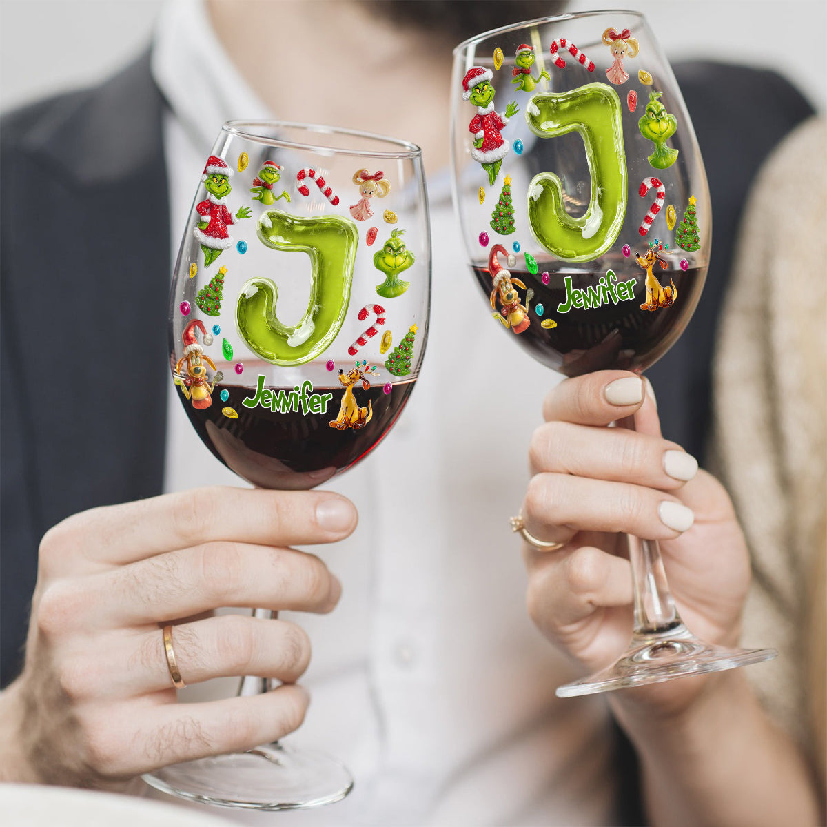Joyeux Noël Vert - Verre à vin de Noël personnalisé avec étole et longue tige