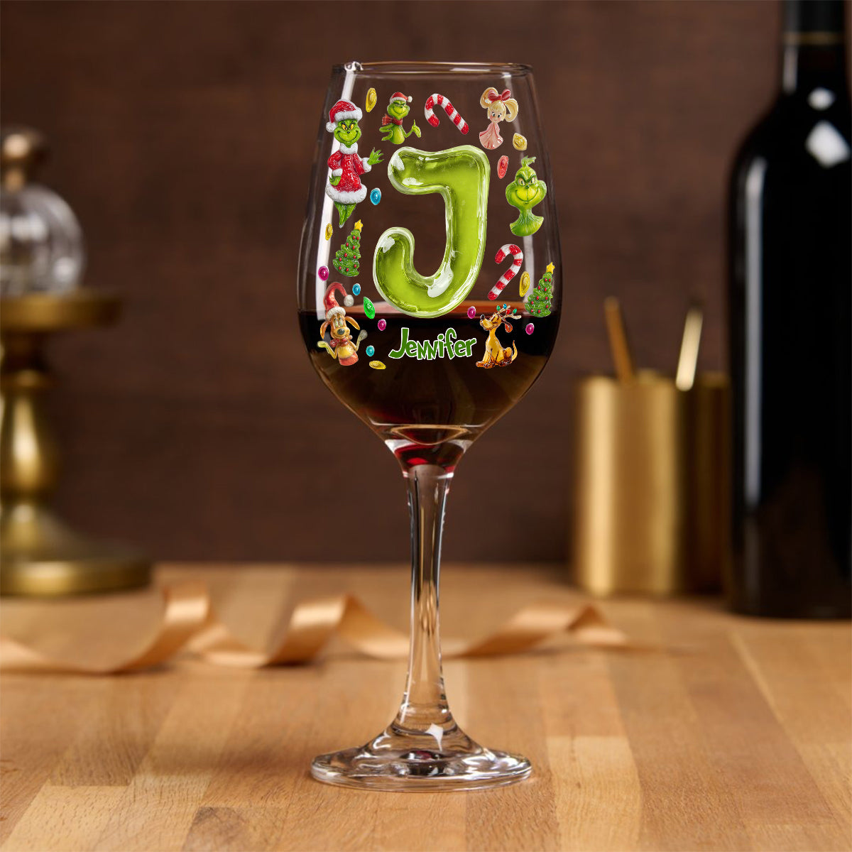 Joyeux Noël Vert - Verre à vin de Noël personnalisé avec étole et longue tige
