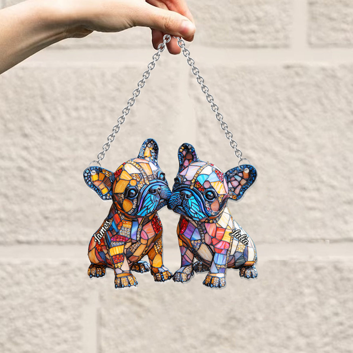 Couple de bouledogues français - Décoration attrape-soleil personnalisée à suspendre à la fenêtre, représentant un bouledogue français 
