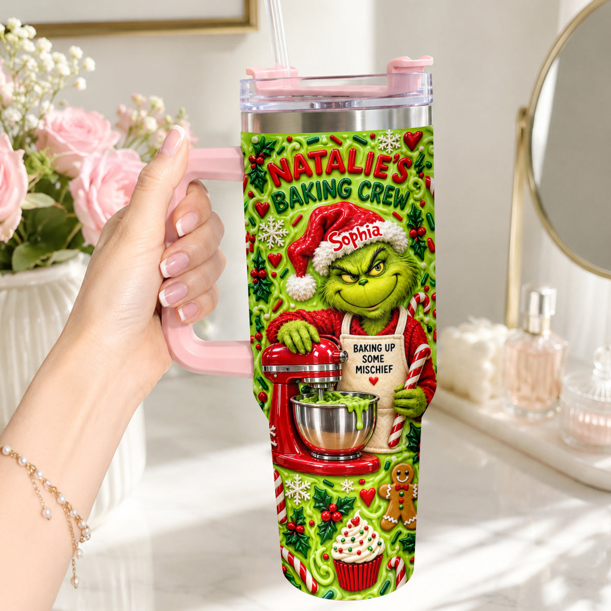 Baking With Some Mischief - Personalized Stole Christmas Tumbler With Plush Charm