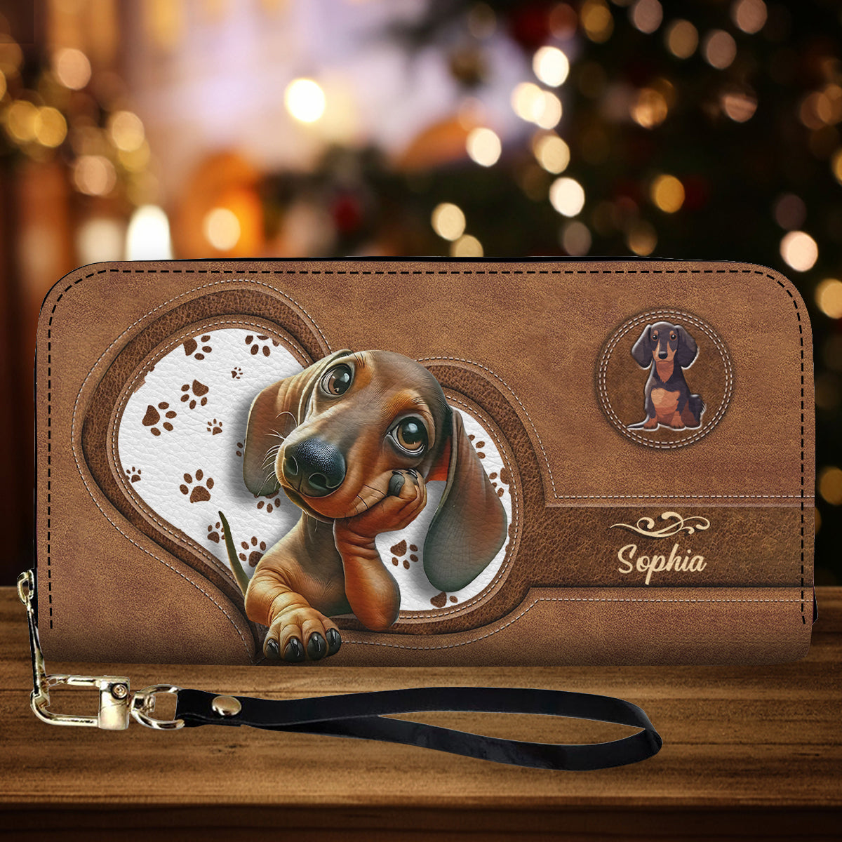Portefeuille long en cuir personnalisé avec un adorable teckel