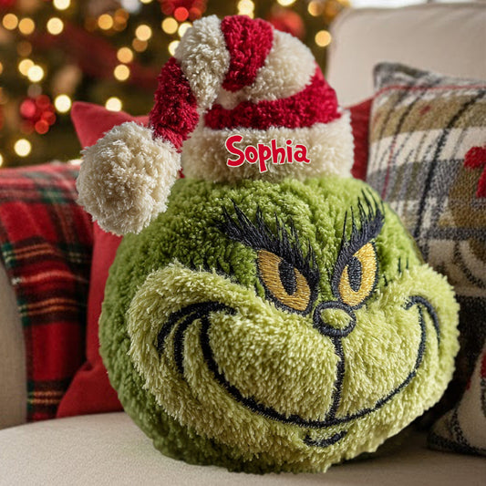 Any Name Green Monster Christmas Gift - Personalized Stole Christmas Faux Fur Shaped Pillow