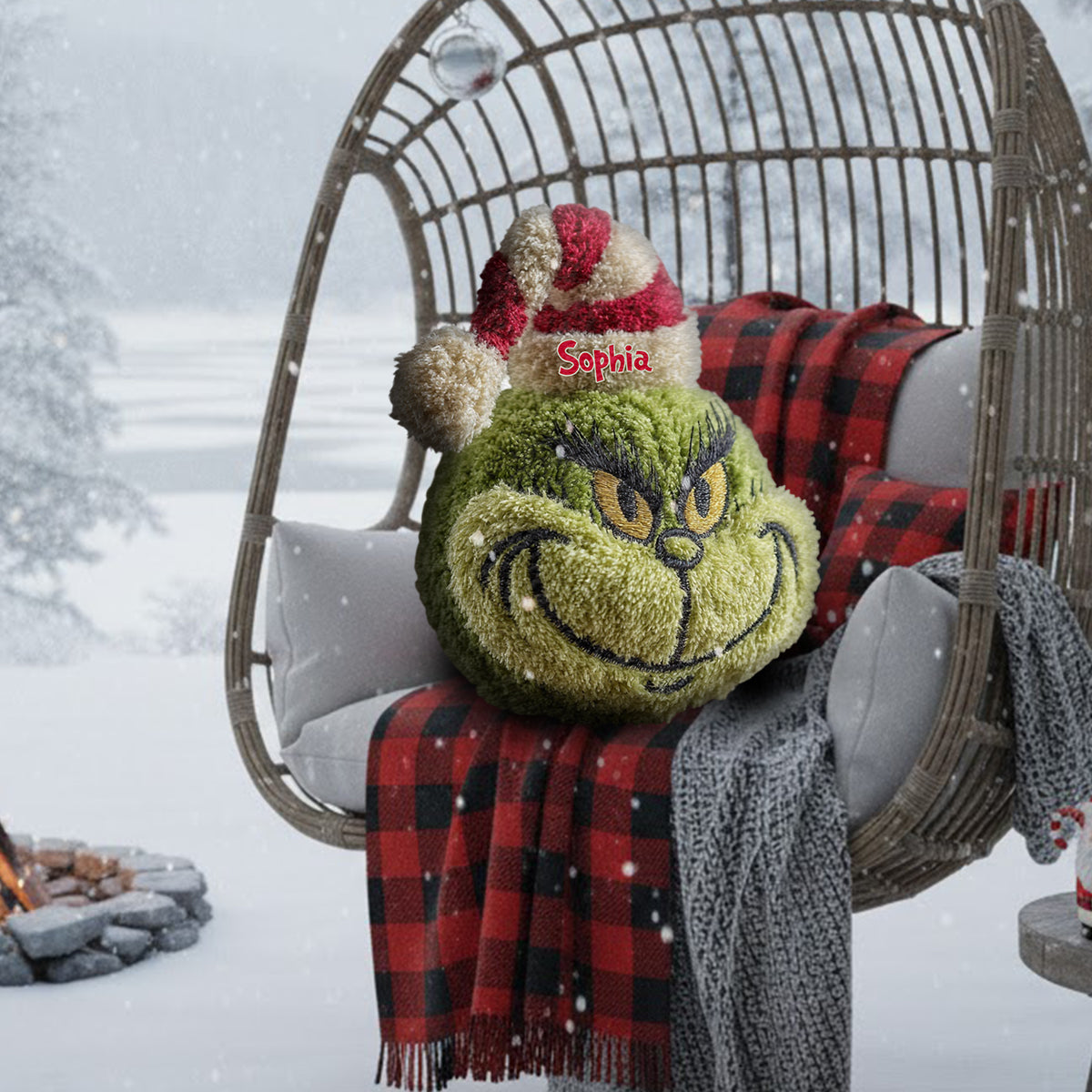 Cadeau de Noël Green Monster personnalisé avec n'importe quel nom - Étole de Noël personnalisée, coussin en fausse fourrure en forme de coussin.