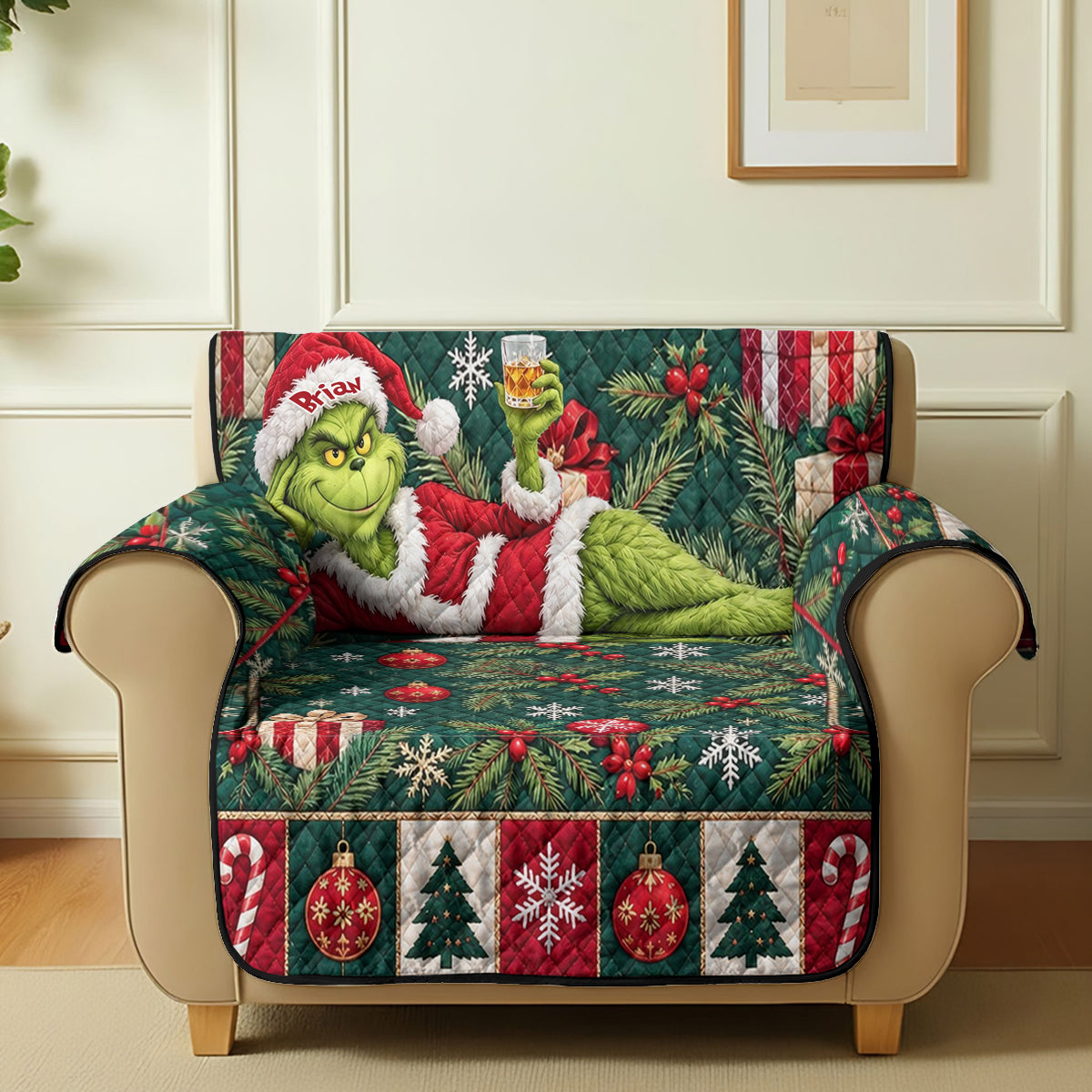 Merry Grinchmas - Personalized Stole Christmas Quilted Sofa/Couch Cover