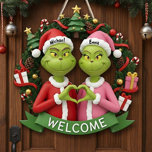 Joyeux Grinchmas - Panneau en bois personnalisé avec étole de Noël