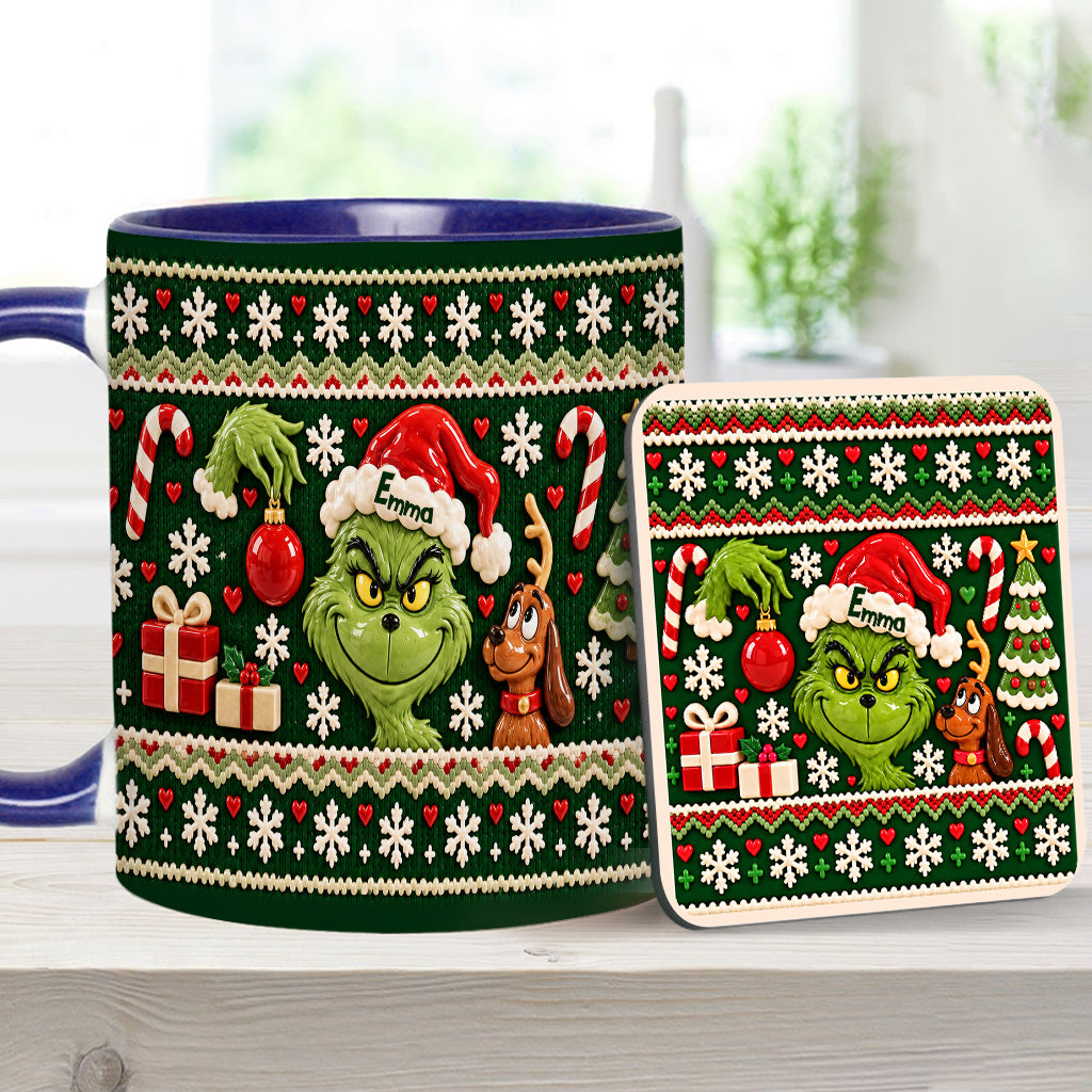 Green Mischief Ugly Pattern - Personalized Stole Christmas Accent Mug & Coaster