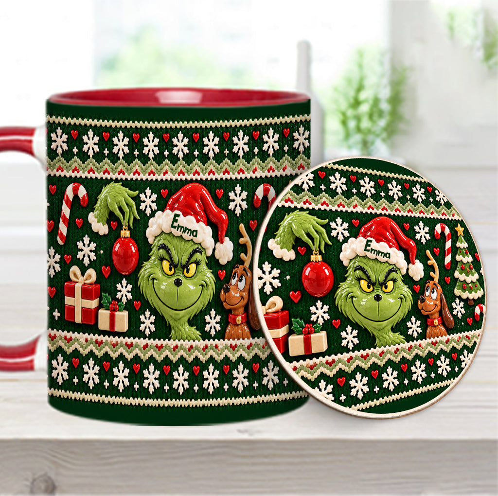 Green Mischief Ugly Pattern - Personalized Stole Christmas Accent Mug & Coaster