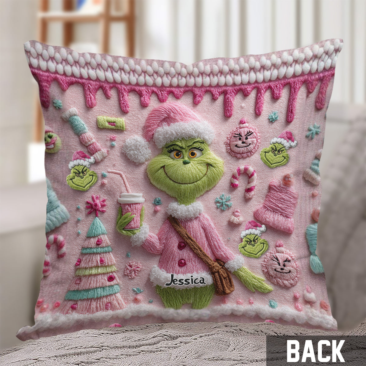 Joyeux Grinchmas - Coussin décoratif de Noël personnalisé avec étole