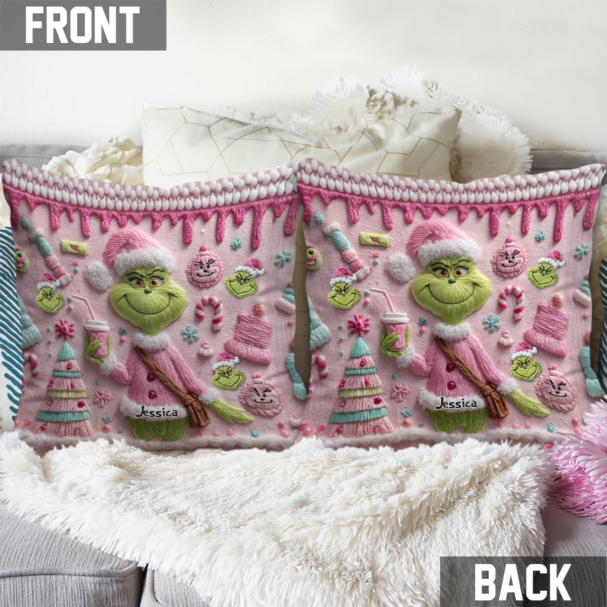 Joyeux Grinchmas - Coussin décoratif de Noël personnalisé avec étole
