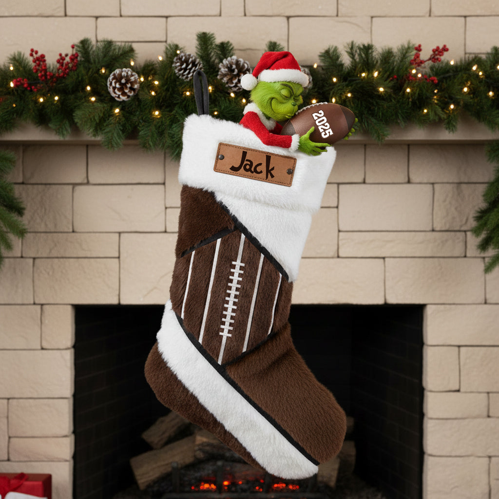 Chaussette de Noël personnalisée en forme de ballon de football vert avec Père Noël amusant