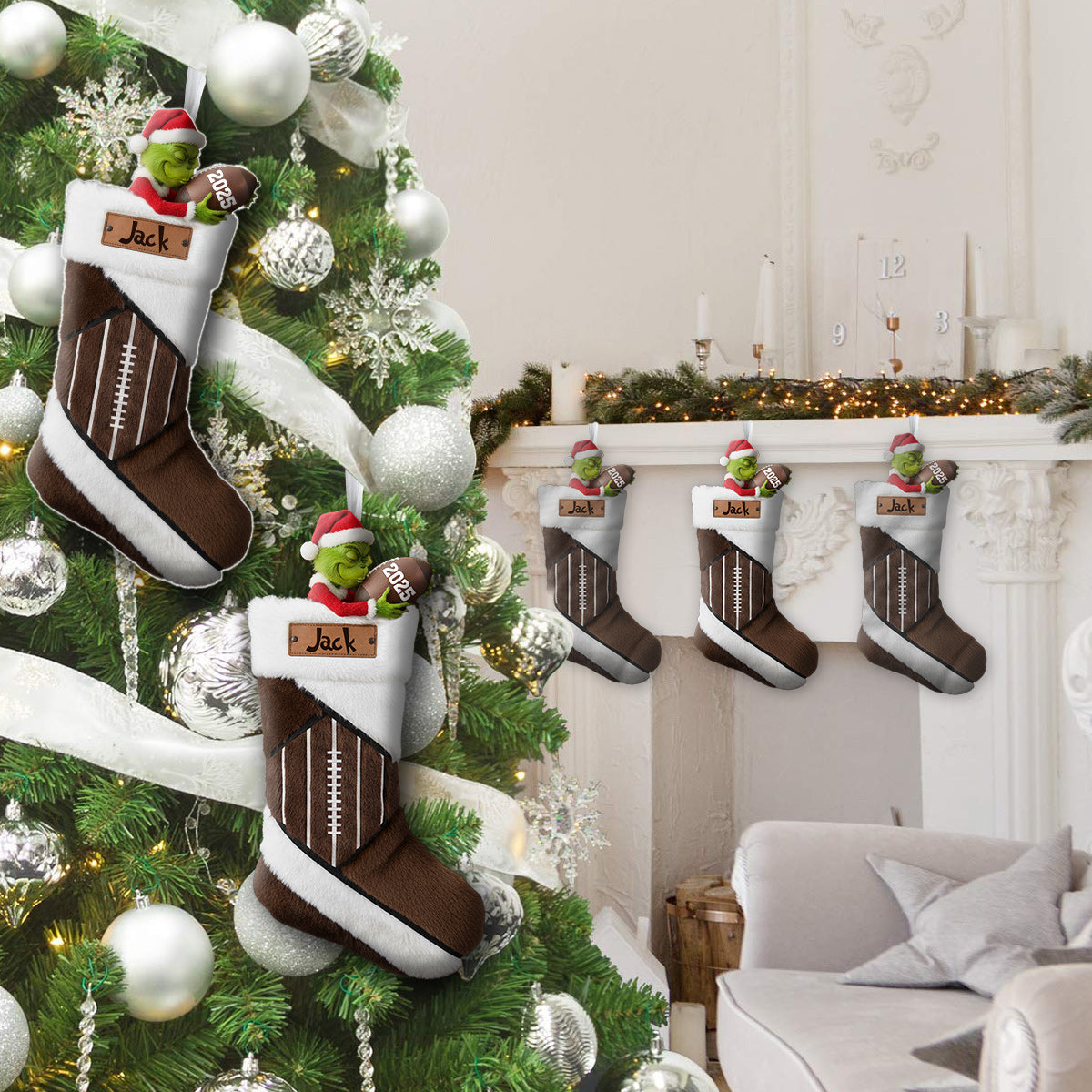 Chaussette de Noël personnalisée en forme de ballon de football vert avec Père Noël amusant