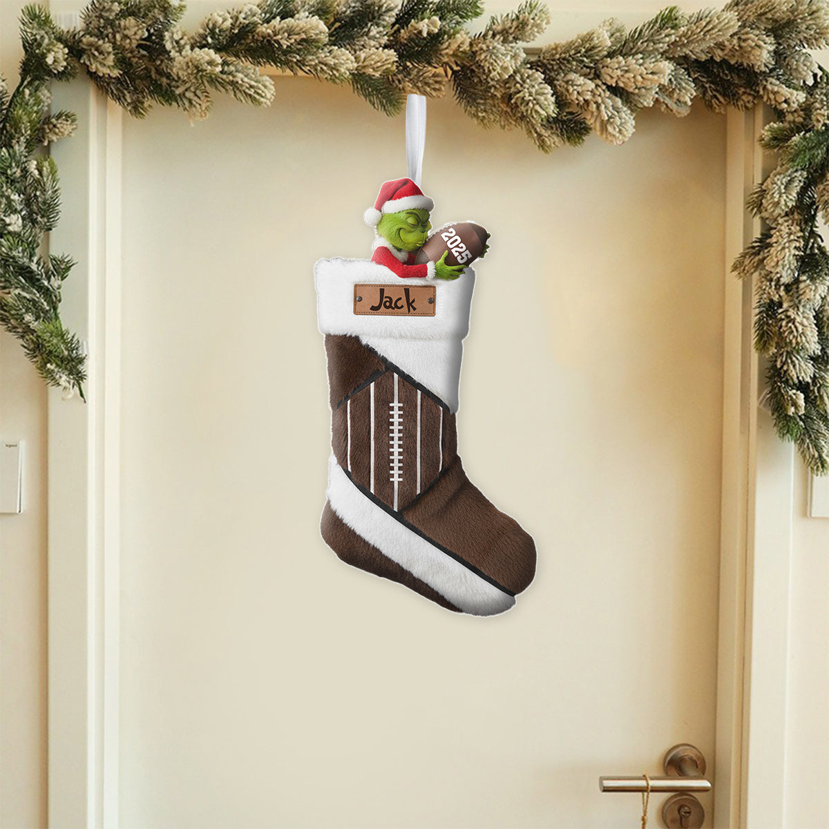 Chaussette de Noël personnalisée en forme de ballon de football vert avec Père Noël amusant