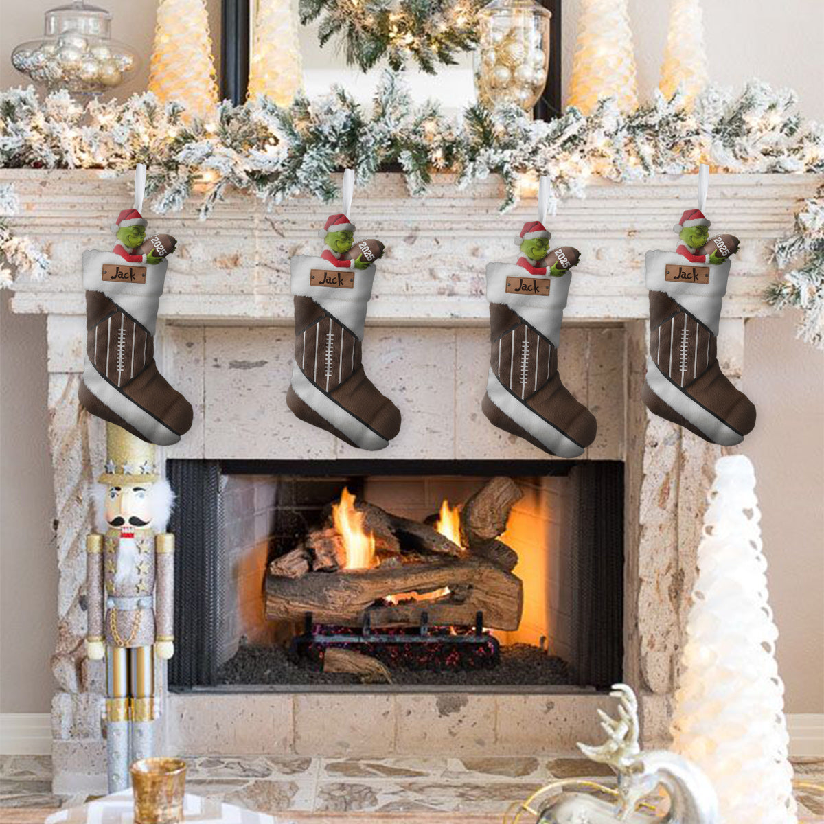 Chaussette de Noël personnalisée en forme de ballon de football vert avec Père Noël amusant