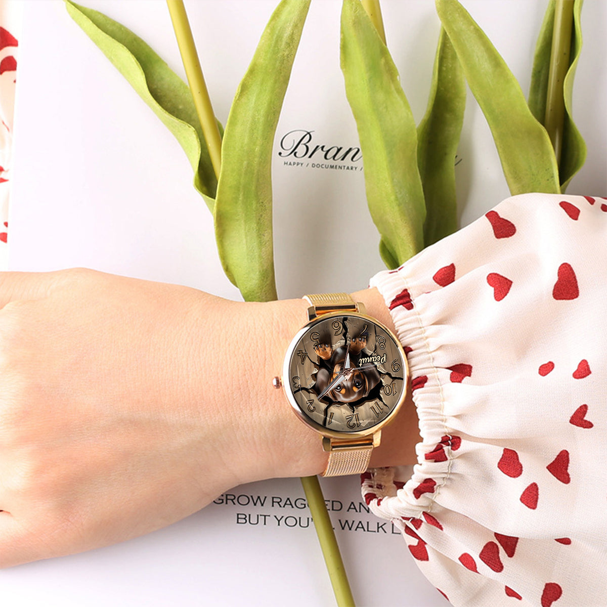 Montre-bracelet personnalisée pour femme passionnée de teckels 