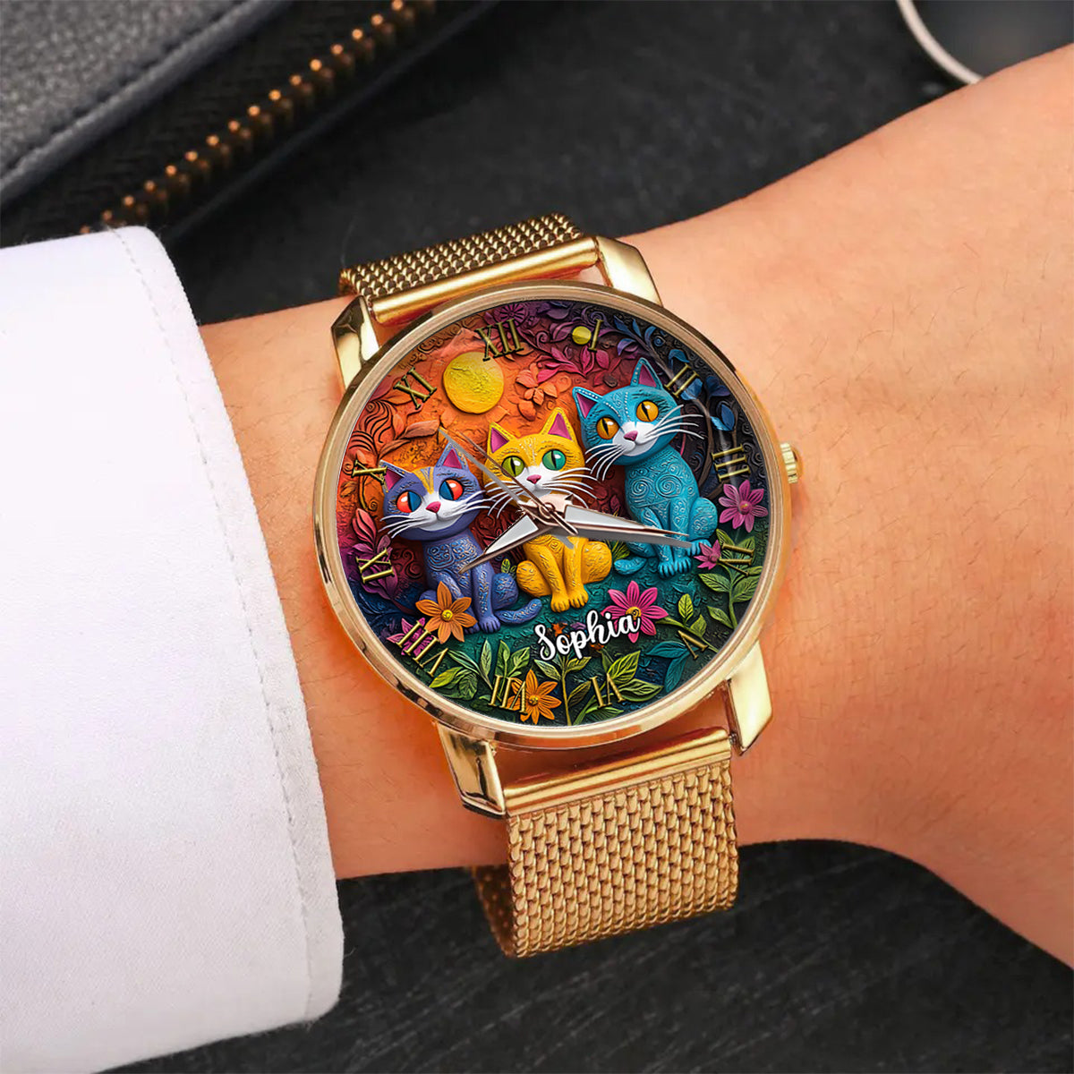 Montre-bracelet personnalisée pour femme - Chat bohème 