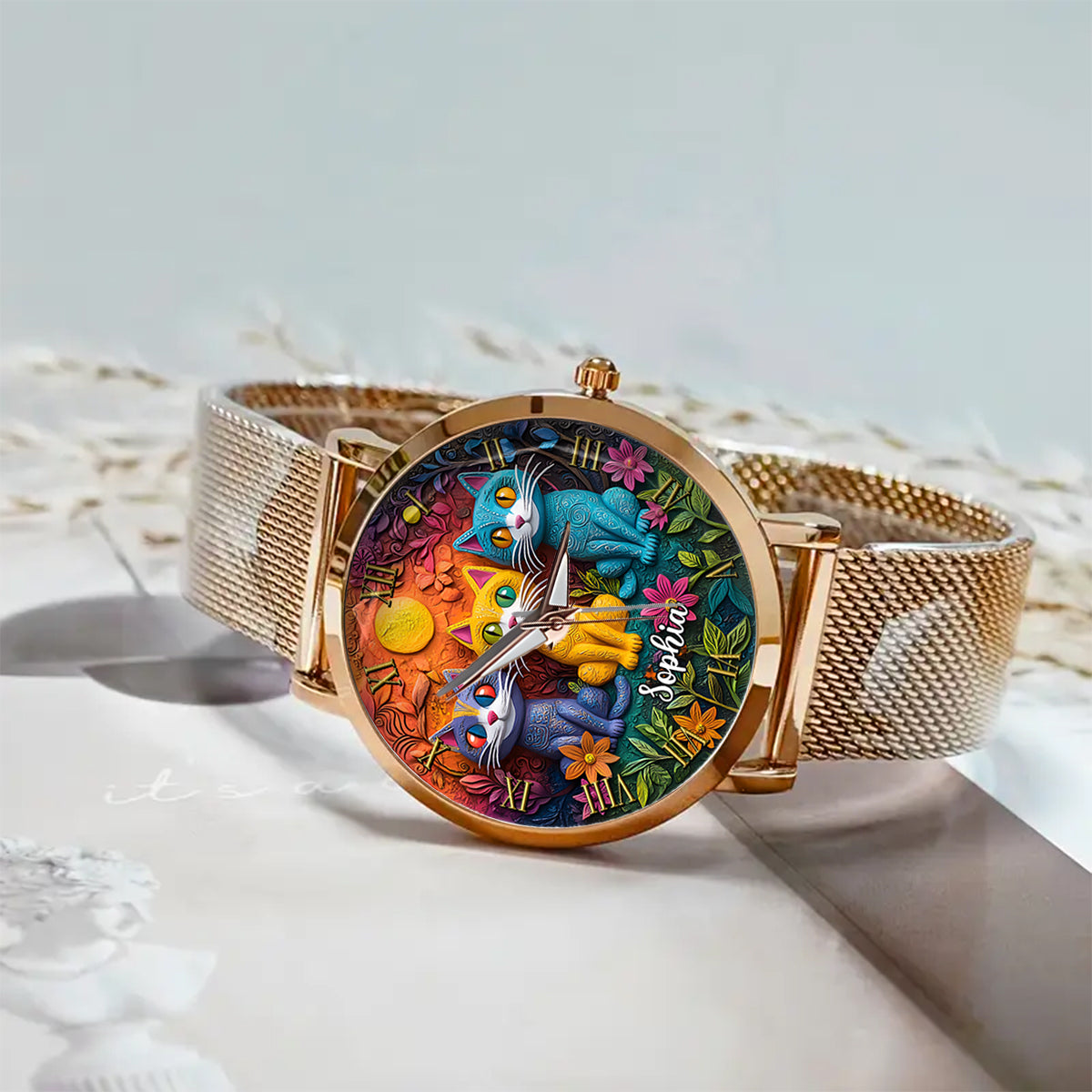 Montre-bracelet personnalisée pour femme - Chat bohème 