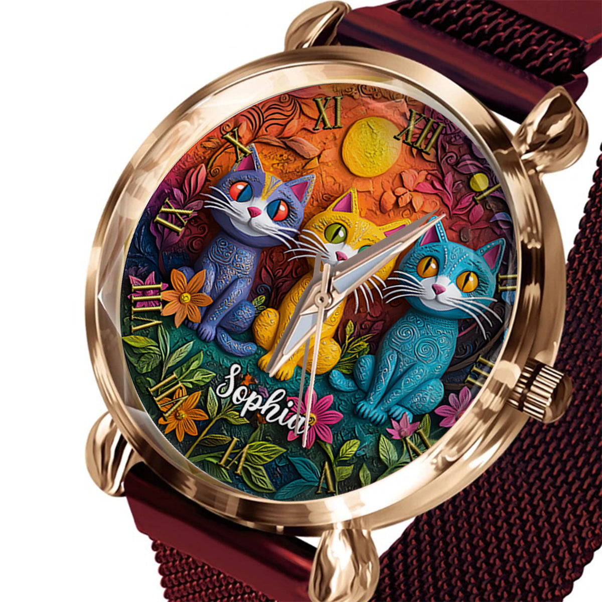 Montre-bracelet personnalisée pour femme - Chat bohème 