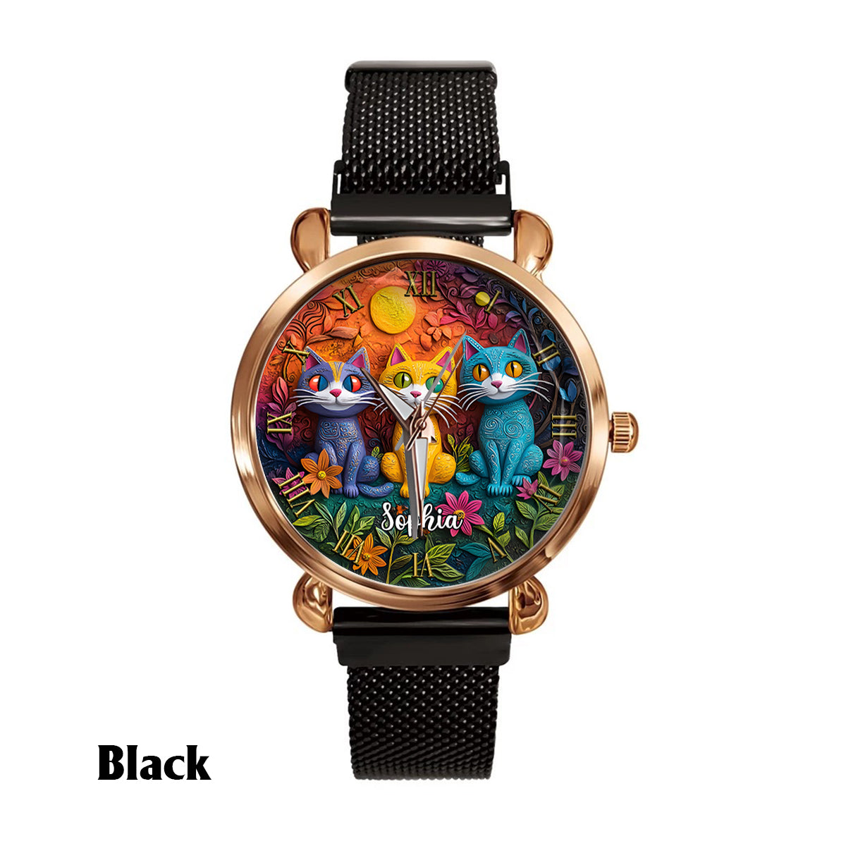 Montre-bracelet personnalisée pour femme - Chat bohème 