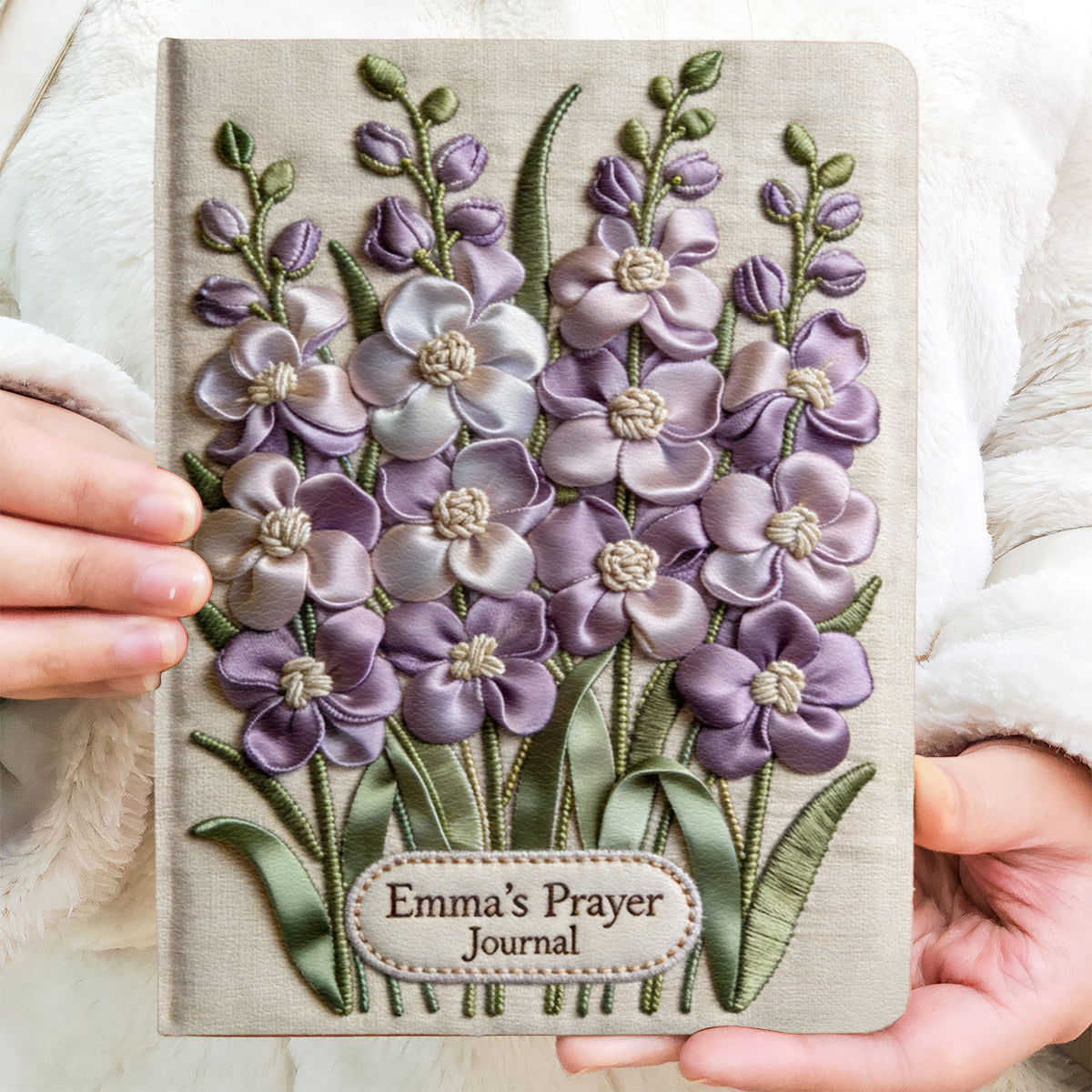 Journal en cuir chrétien personnalisé avec fleur et prénom de naissance