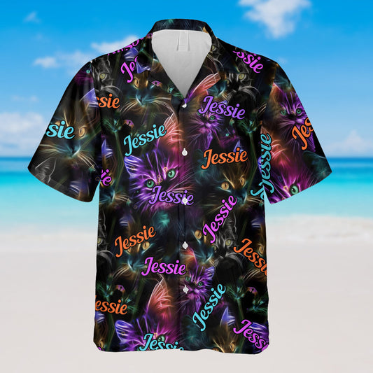 Chemise hawaïenne personnalisée Chat Neon - Chat