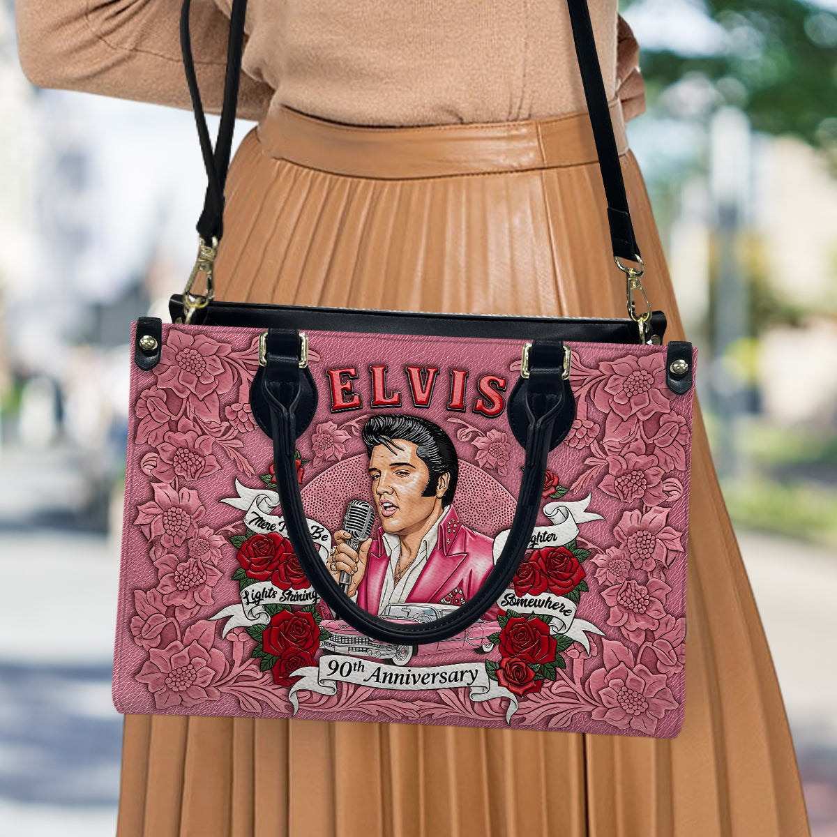 There Must Be Lights Shining Brighter Somewhere - Personalized King of Rock and Roll Leather Handbag