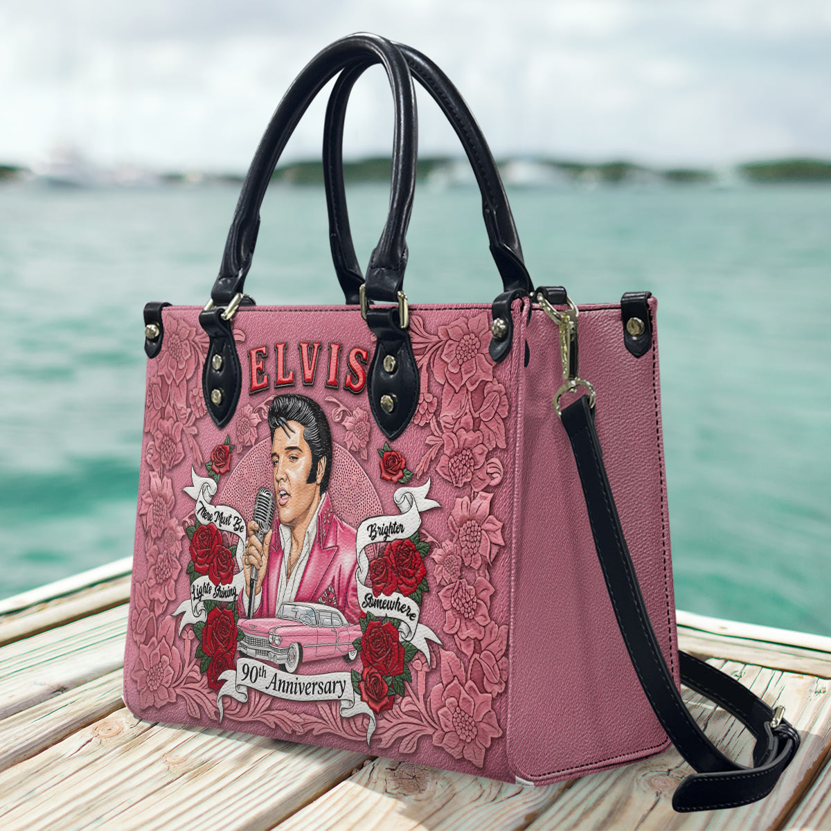 There Must Be Lights Shining Brighter Somewhere - Personalized King of Rock and Roll Leather Handbag