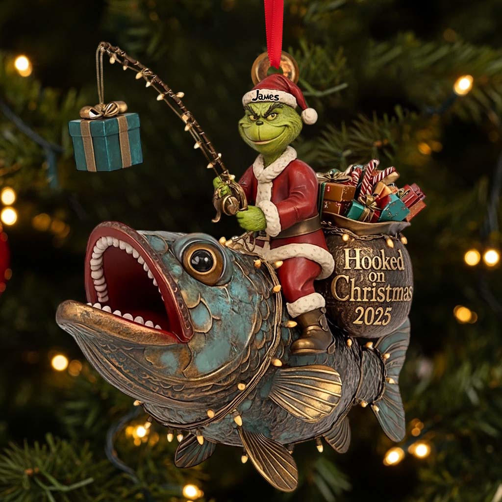 Père Noël vert chevauchant un poisson - Ornement de pêche personnalisé