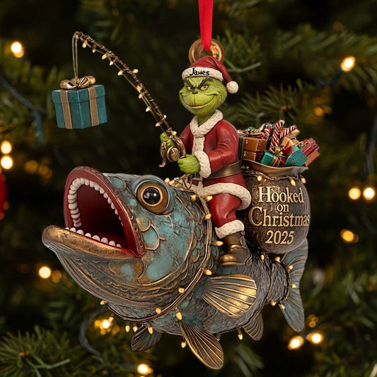 Green Santa Riding Fish - Personalized Fishing Ornament