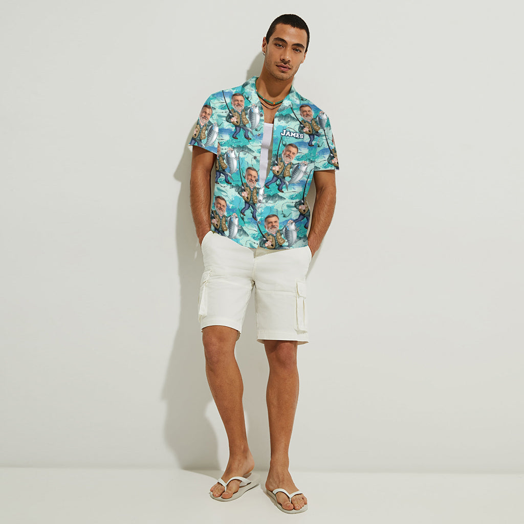 Chemise hawaïenne de pêche personnalisée avec caricature humoristique - T-shirt de pêche personnalisé