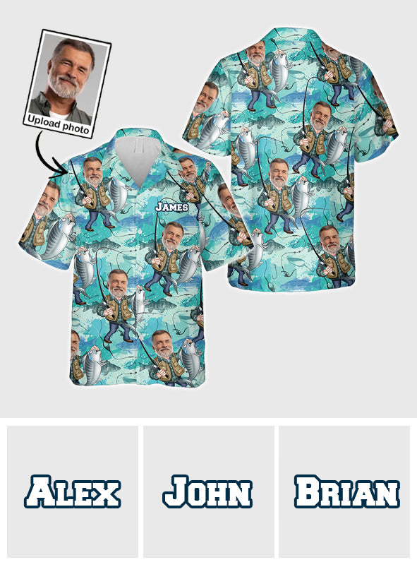 Chemise hawaïenne de pêche personnalisée avec caricature humoristique - T-shirt de pêche personnalisé